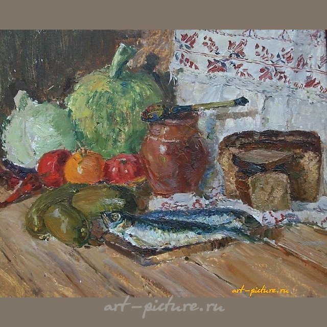Натюрморт с селедкой. Картон, масло. 46 х 56 см