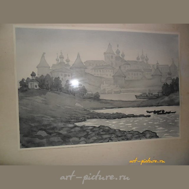 Рисунок из серии "Соловецкий монастырь.Вид с бухты Благополучия" бум.,акварель.Стекло, паспарту.
