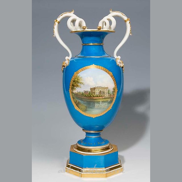 Ваза видовая со змеиными ручками. КПМ БЕРЛИН 1849-1870, художник Хаус. KPM