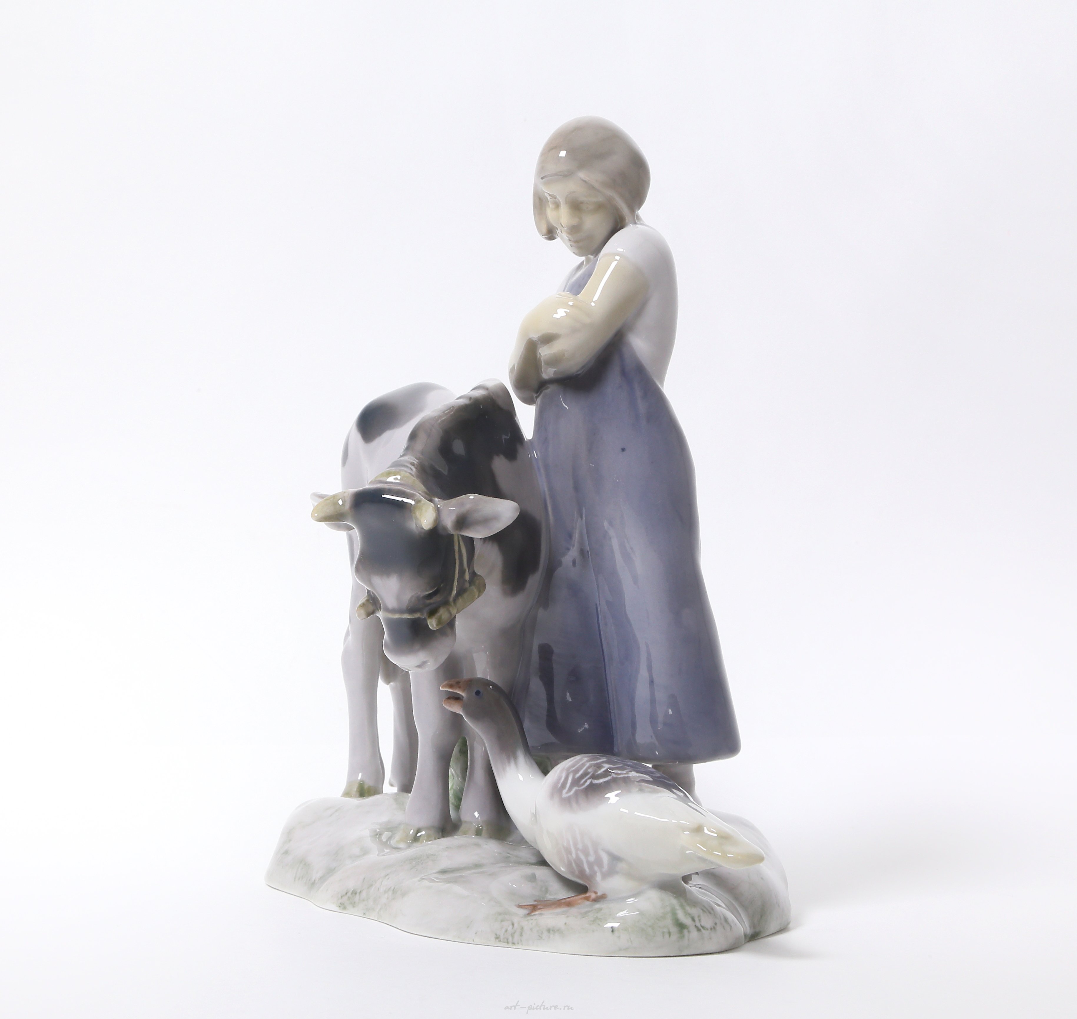 Girl with a cow and goose