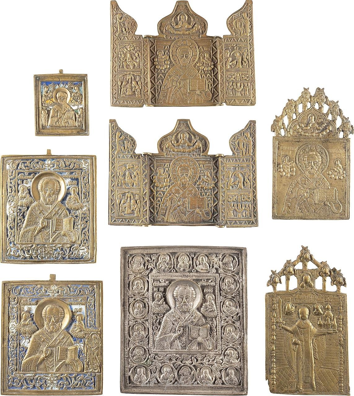 SEVEN BRONZE ICONS AND THREE TRIPTYCHS WITH ST. NICHOLAS OF ...