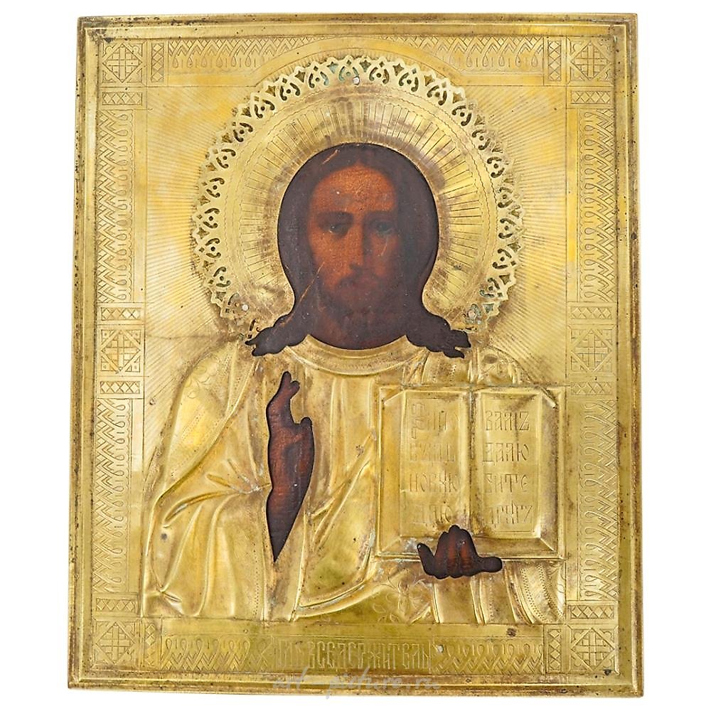 Старинная русская икона, изображающая Иисуса Христа с молитвенником в руках