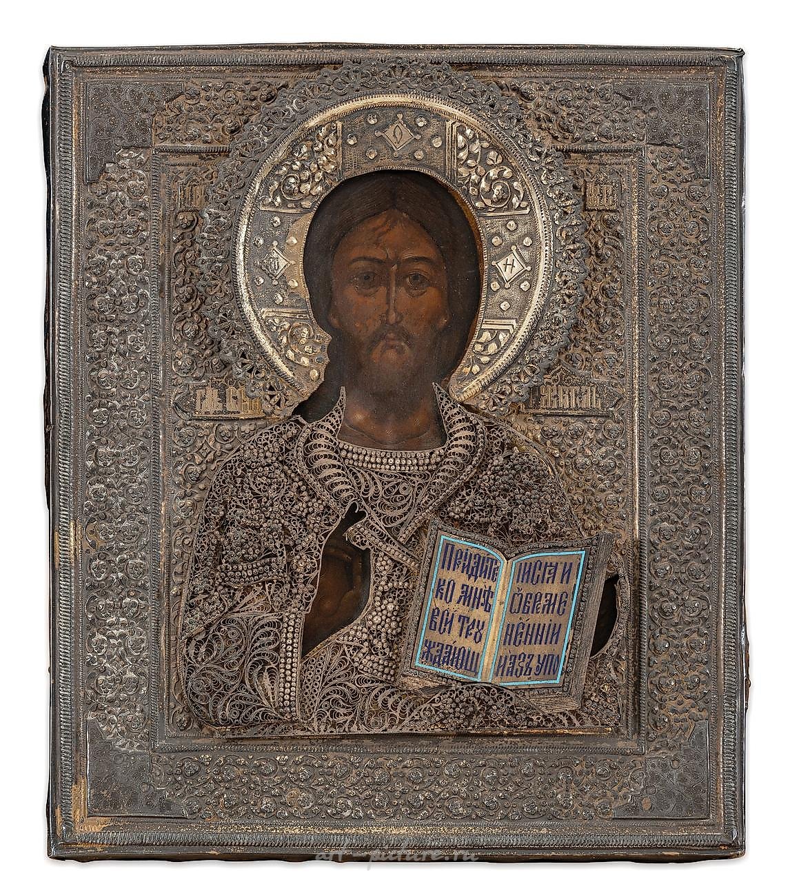 ИКОНА, ИЗОБРАЖАЮЩАЯ ХРИСТА, С СЕРЕБРЯНОЙ РИЗОЙ