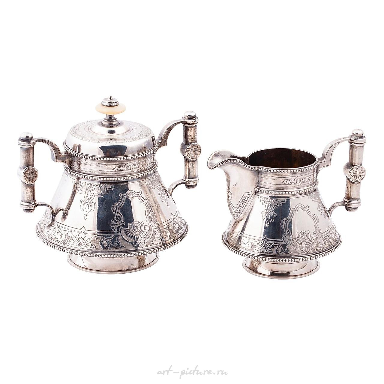 A Russian sugar bowl and milk jug in "pan-slavic" style