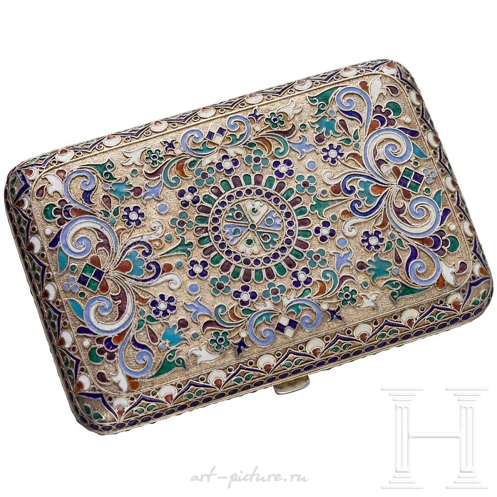 A Russian silver-gilt and cloisonné-enamelled cigarette case...