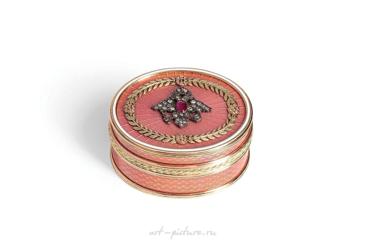 TWO-COLORED GOLD TOBACCO BOX, ENAMEL, DIAMONDS, AND STONE...