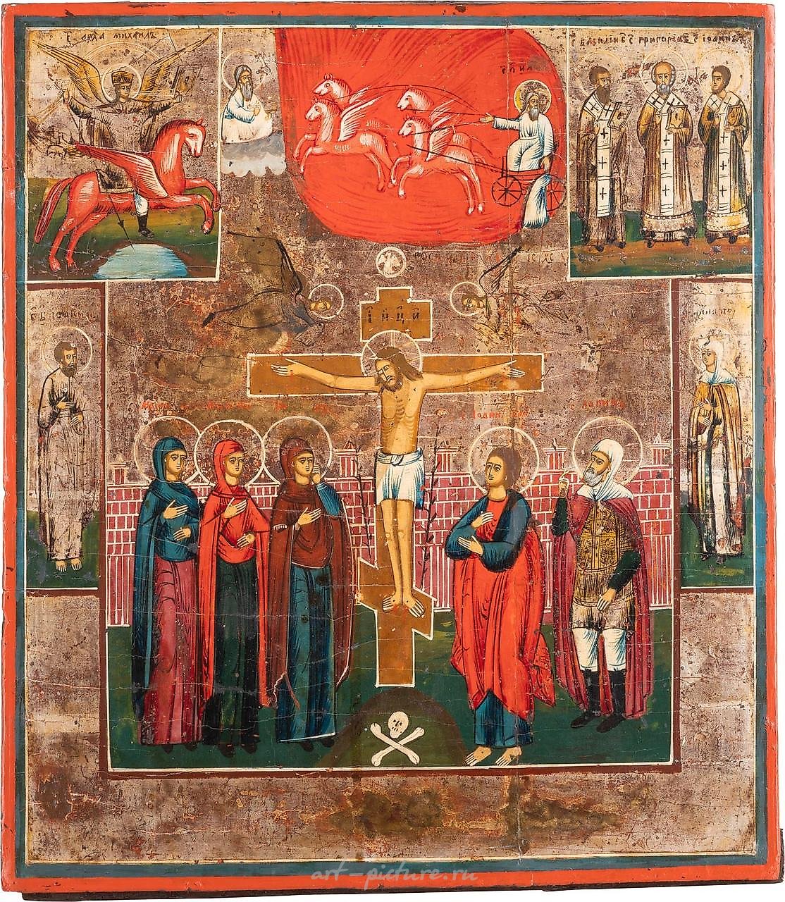 AN ICON SHOWING THE CRUCIFIXION OF CHRIST AND SELECTED SAINTS
