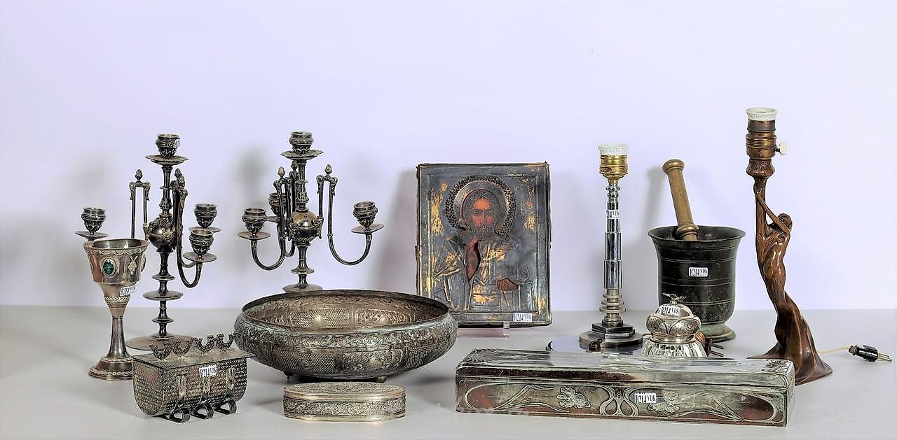 12 silver, silver plated, pewter trinkets, and a brass mortar, and a Russian icon.