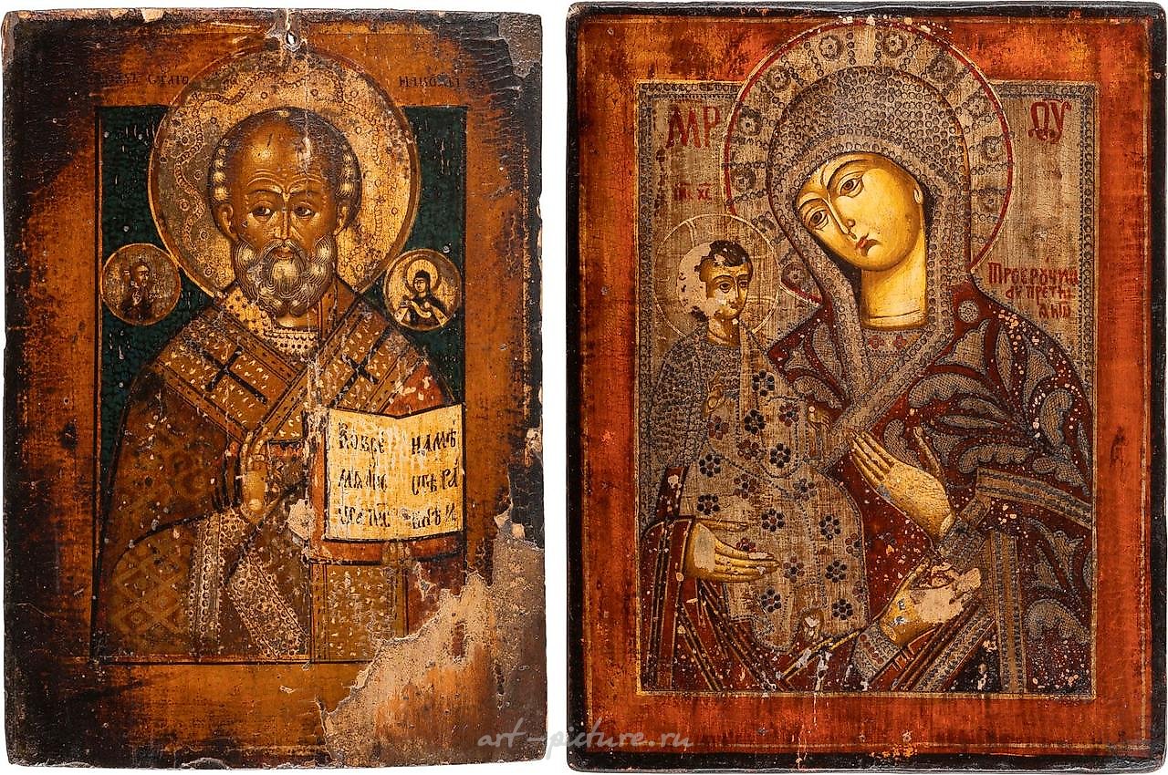 Две иконы, изображающие святого Николая Мирликийского и трехрукий образ