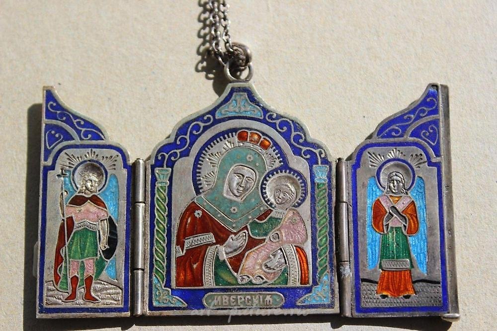 Faberge enameled silver iconostasis, IVERSKAYA Mother of God, ...