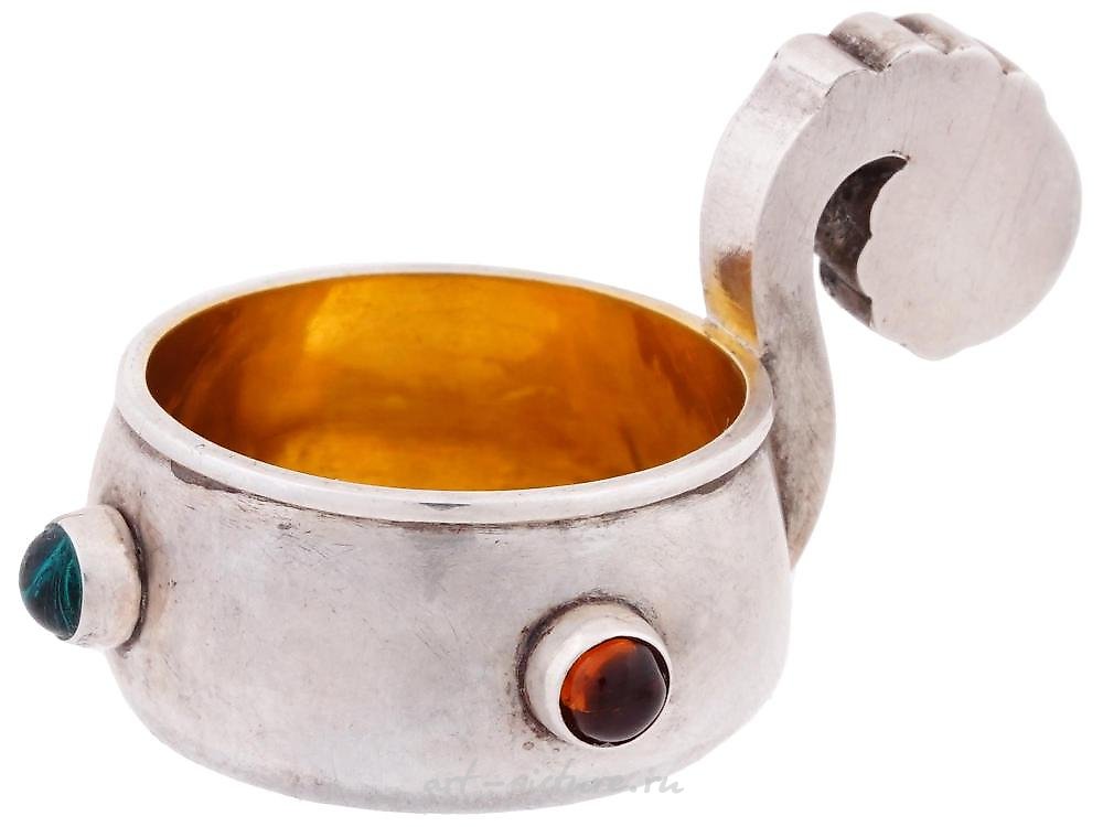 RUSSIAN SILVER KOVSH LADLE WITH RUBY CABOCHONS