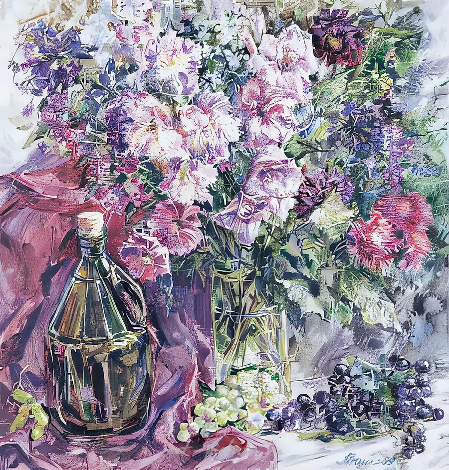 Цветы, виноград и вино, 1999, бумага, акварель, 60х58