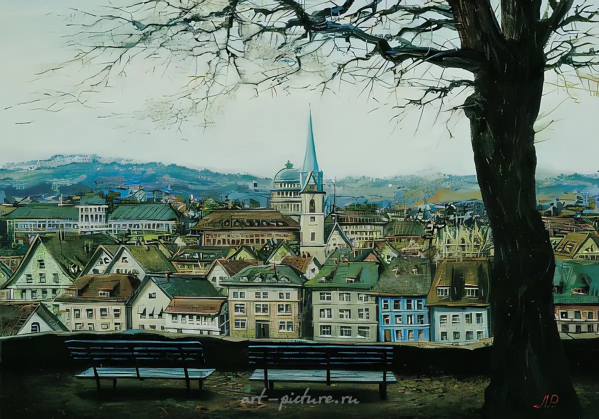 Вид на Цюрих с набережной, 1999, масло на холсте, 25x35