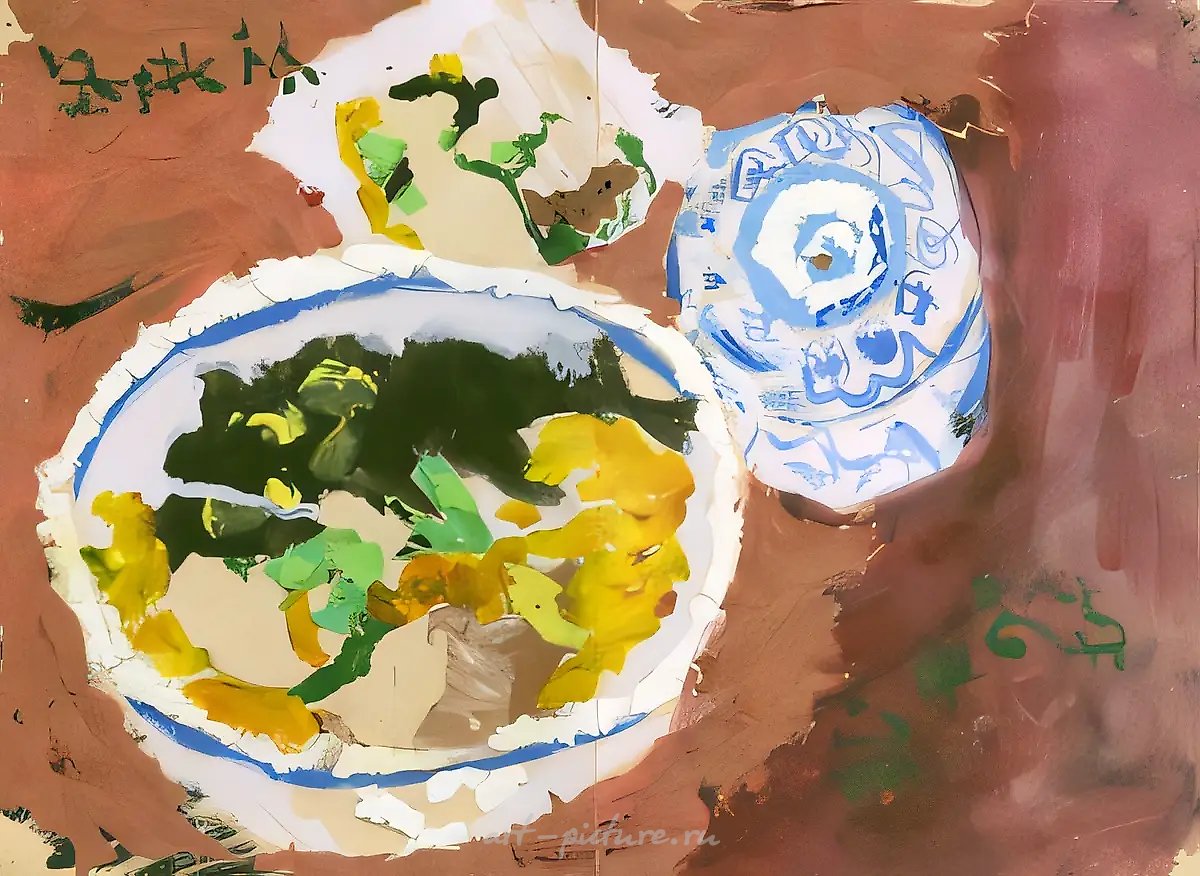 Натюрморт. Посуда, 1999, доска, гуашь, пластилин, 30x40