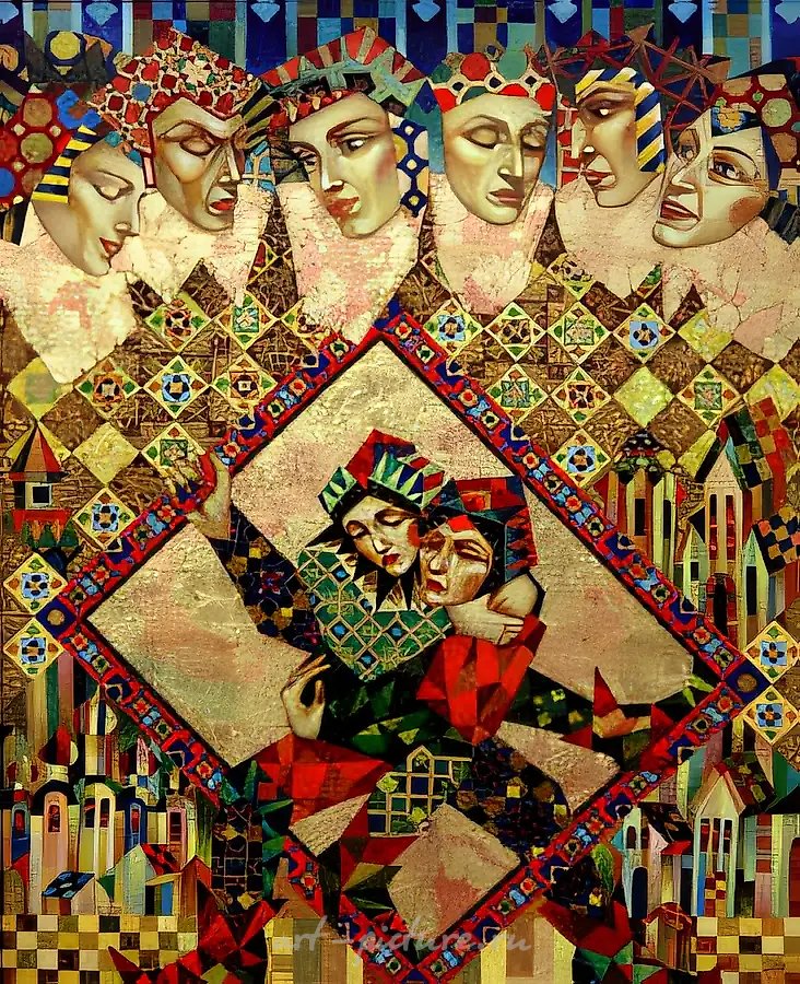 Весь мир — театр. Триптих, 2001, масло на холсте, 100x36, 100x80, 100x36. Собственность автора