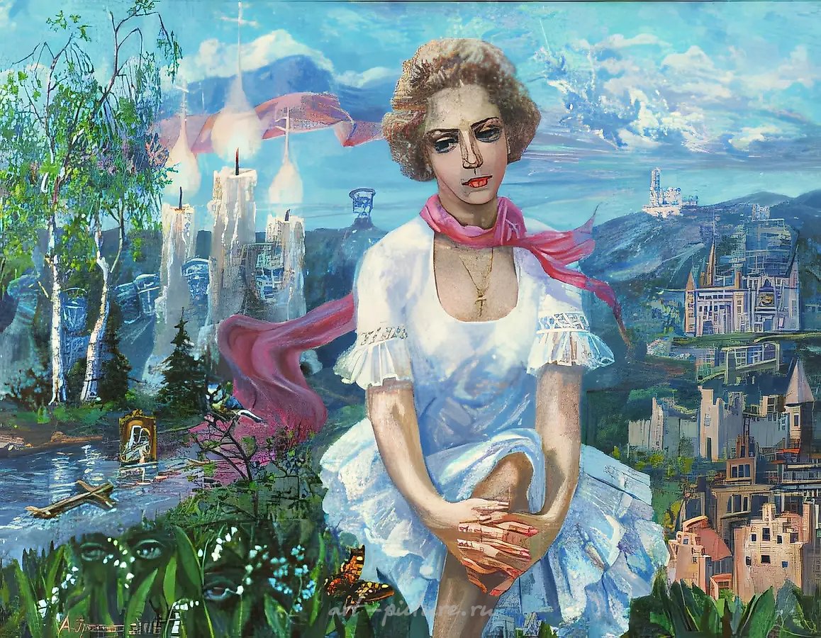 А. Оранская. Портрет Татьяны Меттерних (женщины с 5-ю паспортами), 2001, холст, масло, 70х90, $700