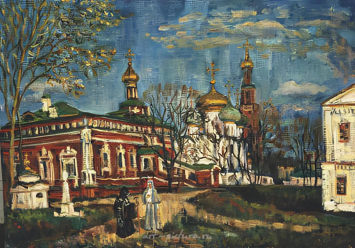 Д.Небогатов. Новодевичий монастырь. Вечер, 1992, холст, картон, масло, 50х70 Частное собрание. Россия