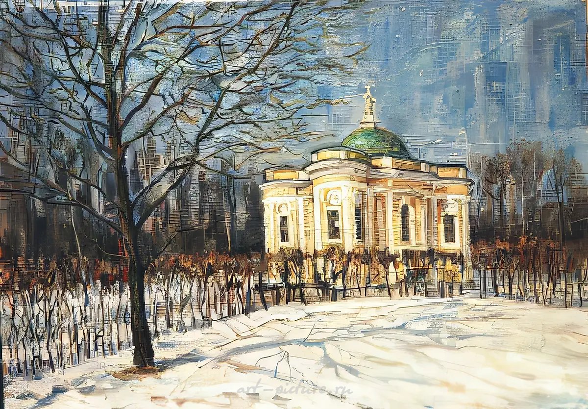 Д.Небогатов. Зима в Кусково, 1992, холст, картон, масло, 50х70, $180