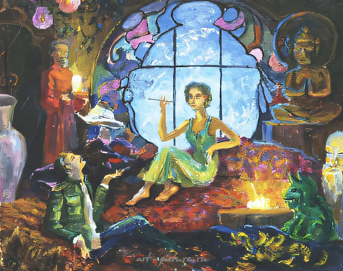 Д.Небогатов. Курильщики опиума, 1996, холст, картон, масло, 40х50 Частное собрание. Россия