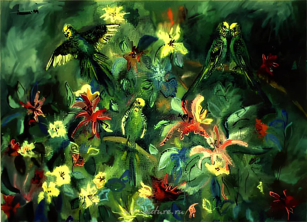Попугаи, 1997, масло на холсте, 60x80, $600