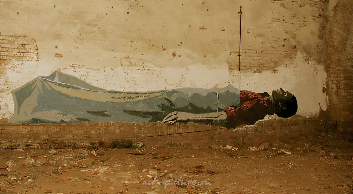 Спящий рабочий, 2005, настенная роспись, прибл. 10 м длиной. «Арсенал современного искусства», Нижний Новгород, Россия