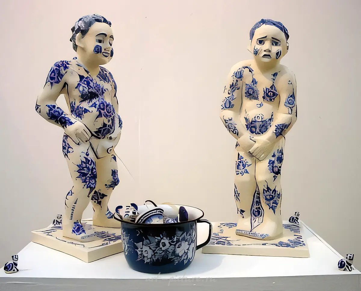 Проект «Наш мальчик сдерживается», 2003, фаянс, кобальтовая роспись