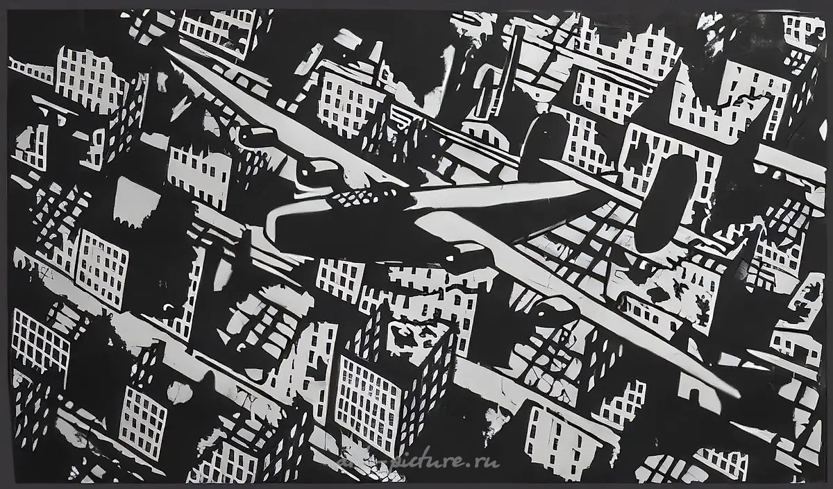 Бомбардировщик над Москвой, 2001, ксилография на бразильской фанере, 83x140