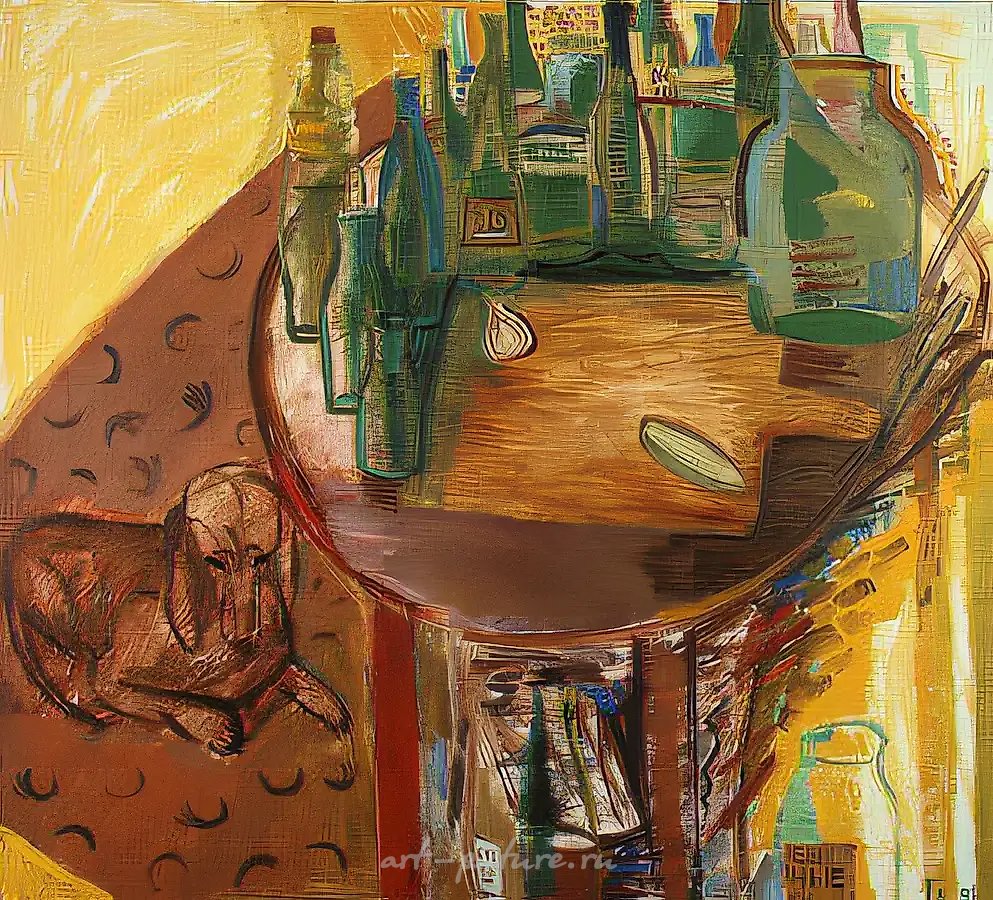 Пустая посуда и такса, 1991, холст, масло, 90x90