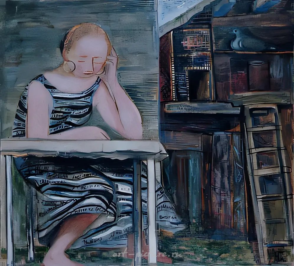 Читающая женщина и голубь, 1993, холст, масло, 100х110. Собственность автора