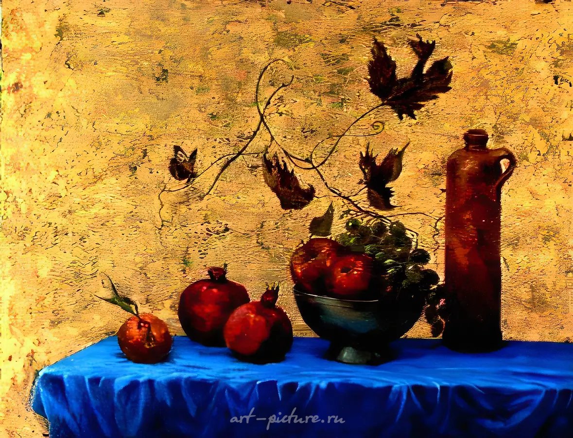 Натюрморт с гранатами, 1990, картон, позолота, масло, 40х50