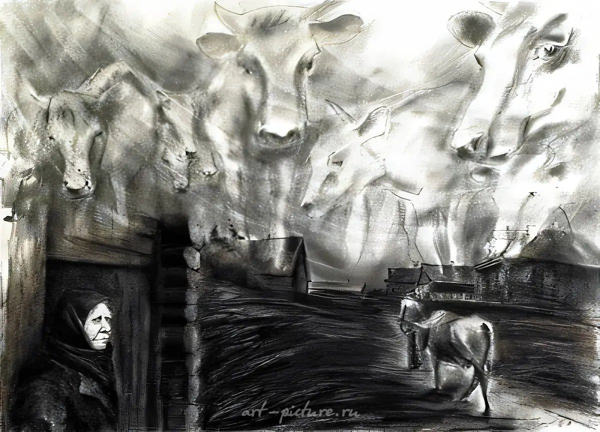 Доярка Шура, 1989, тушь, пастель, соус, карандаш, 47х64