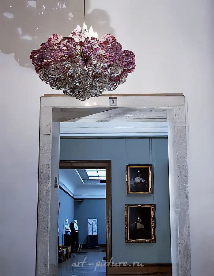 Малая люстра главного входа, 1995, цветное стекло, хрусталь, металл, D=120 см. Государственная Третьяковская галерея, Москва