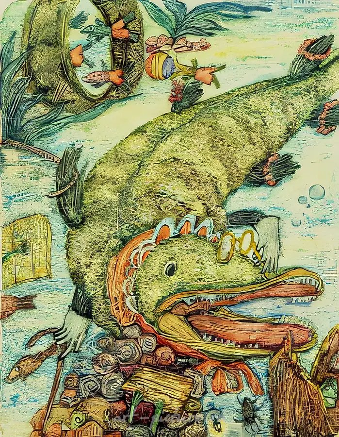 Иллюстр. к книге Б. Заходера "Гимнастика для головастика", 1989, бумага, акварель, белила, перо, тушь, 27х42 Собственность автора