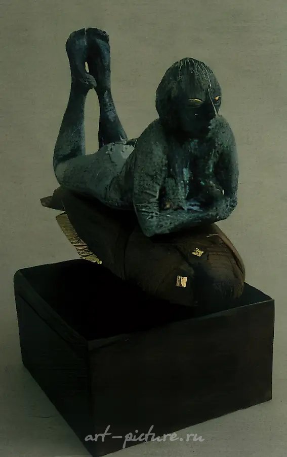 Сон в дивной рыбе, 1992, бронза, дерево, 40х37х22