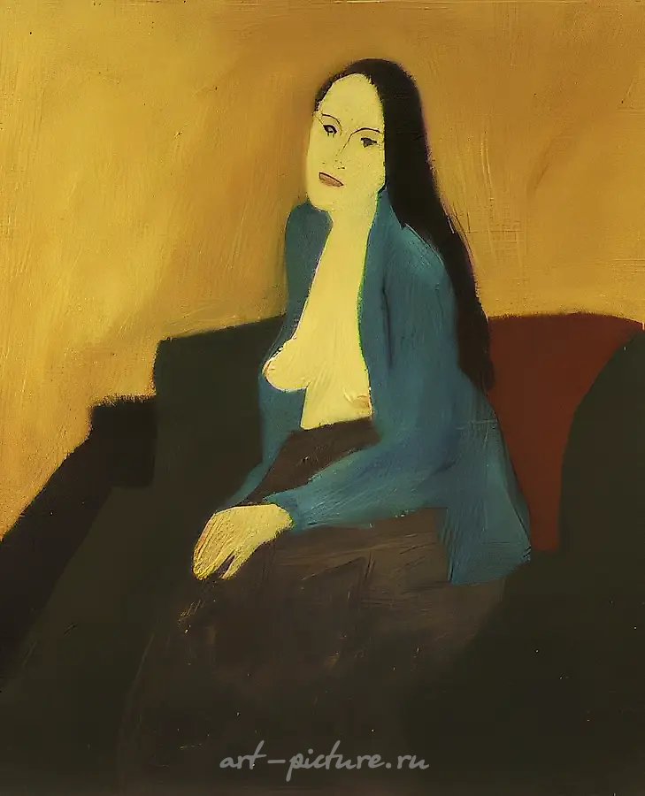 Портрет женщины в голубой кофте с обнаженной грудью, 1989, оргалит, масло, 123х100 Собственность автора