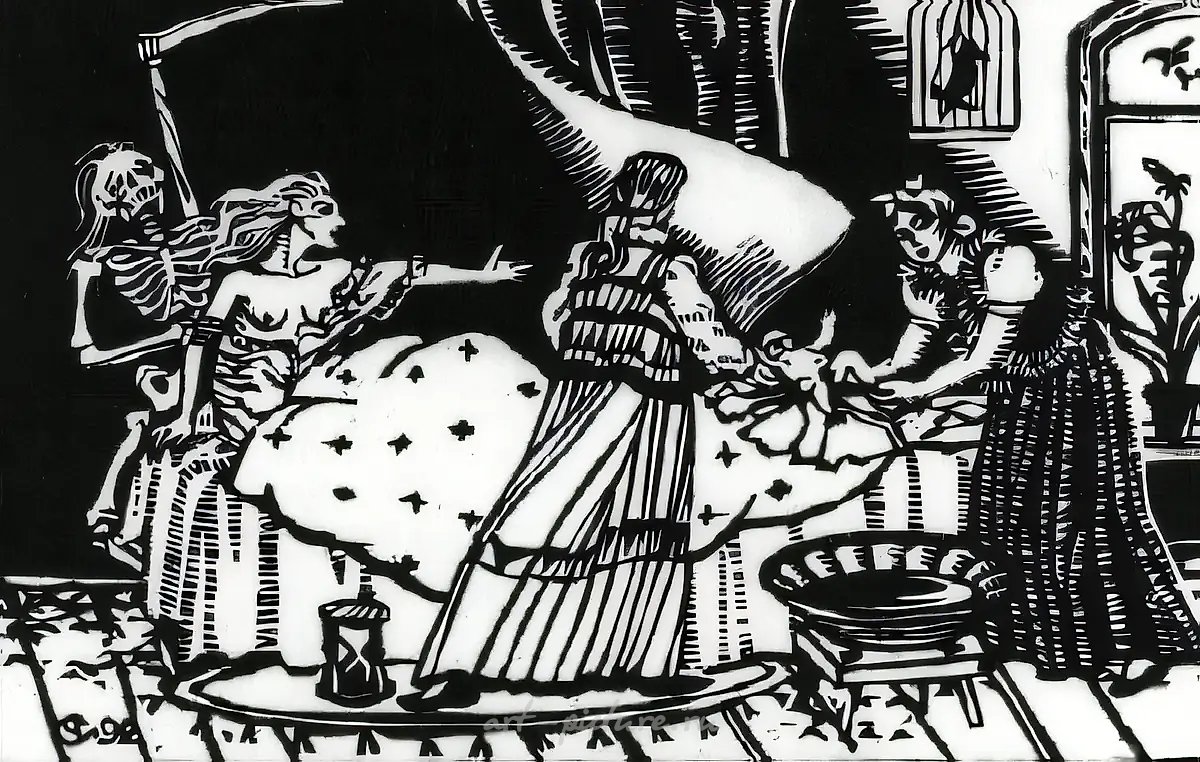Рождение и смерть, 1992, дерево, гравюра. Собственность автора
