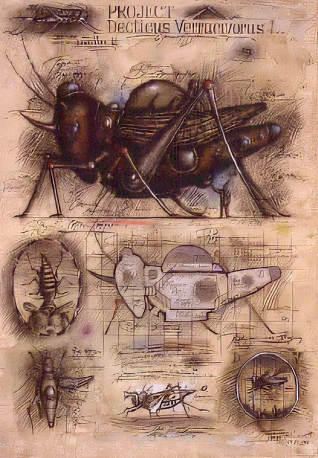 Проект DECTICUS VERRUCIVORUS, 1993, бумага, тушь, перо, карандаш, акварель, гуашь, 80х60. Калининградская художественная галерея