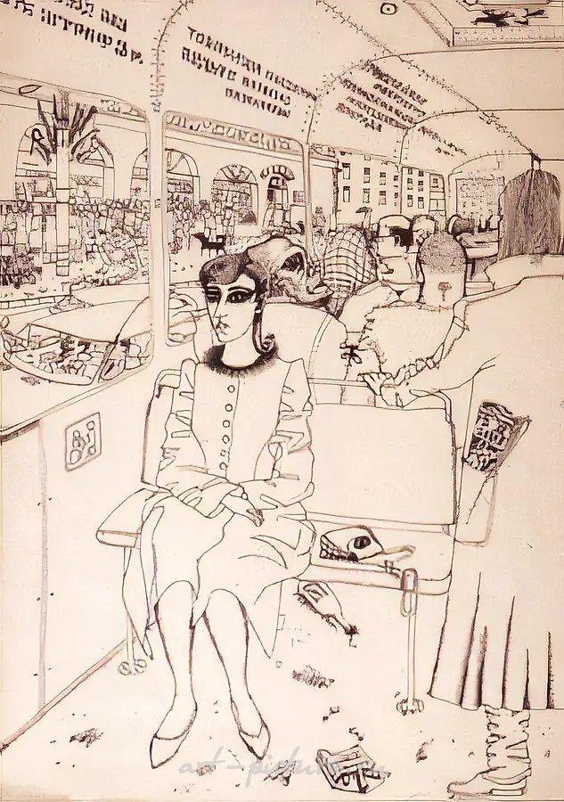 В троллейбусе, 1988, бумага, тушь, перо, 30х21. Собственность автора