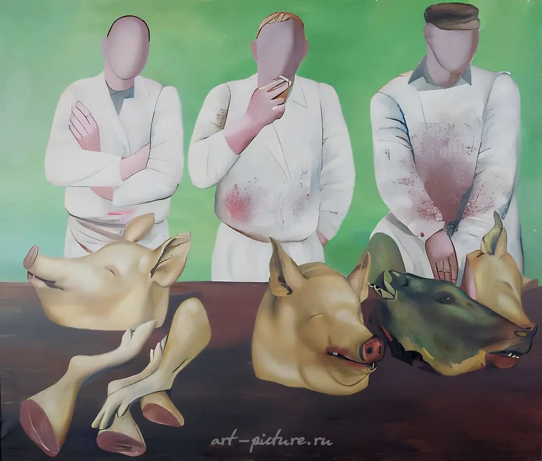 Мясники., 1995, фанера, масло, 150х200 Собственность автора.