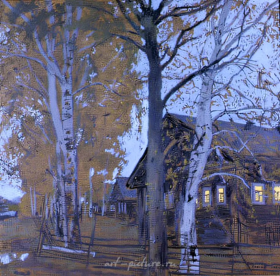 Деревня Исаковская. Последний свет, 1989, холст, масло, 65х65. Собственность автора