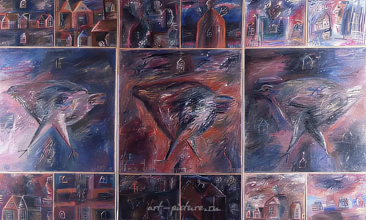 Три курицы (композиция из 15 частей), 1990, холст, масло, 180х300. Собственность автора