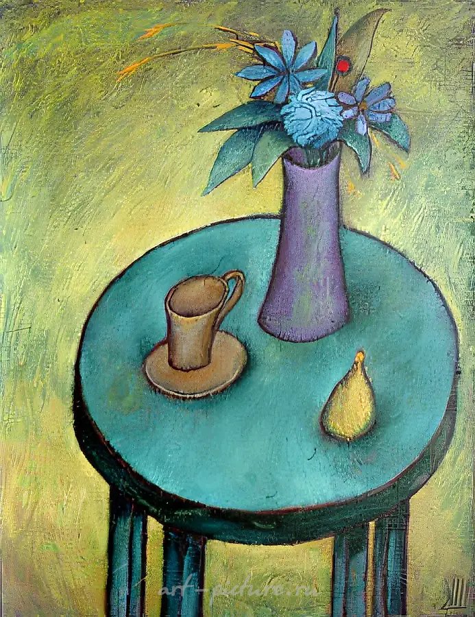 На круглом голубом столе, 1991, холст, масло, 90х70. Частная коллекция. Москва
