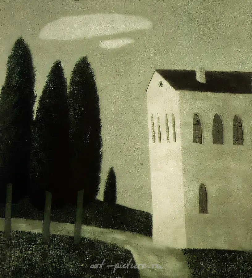 Кипарисы на окраине, 1993, цветная акватинта, 35х32. Собственность автора