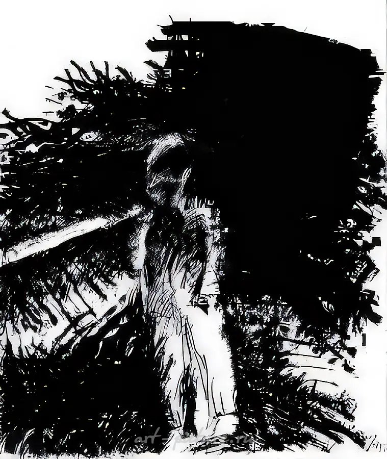 Человек с лестницей, 1988, Бумага, тушь, 40 х 34 см Государственная Третьяковская галерея, Москва