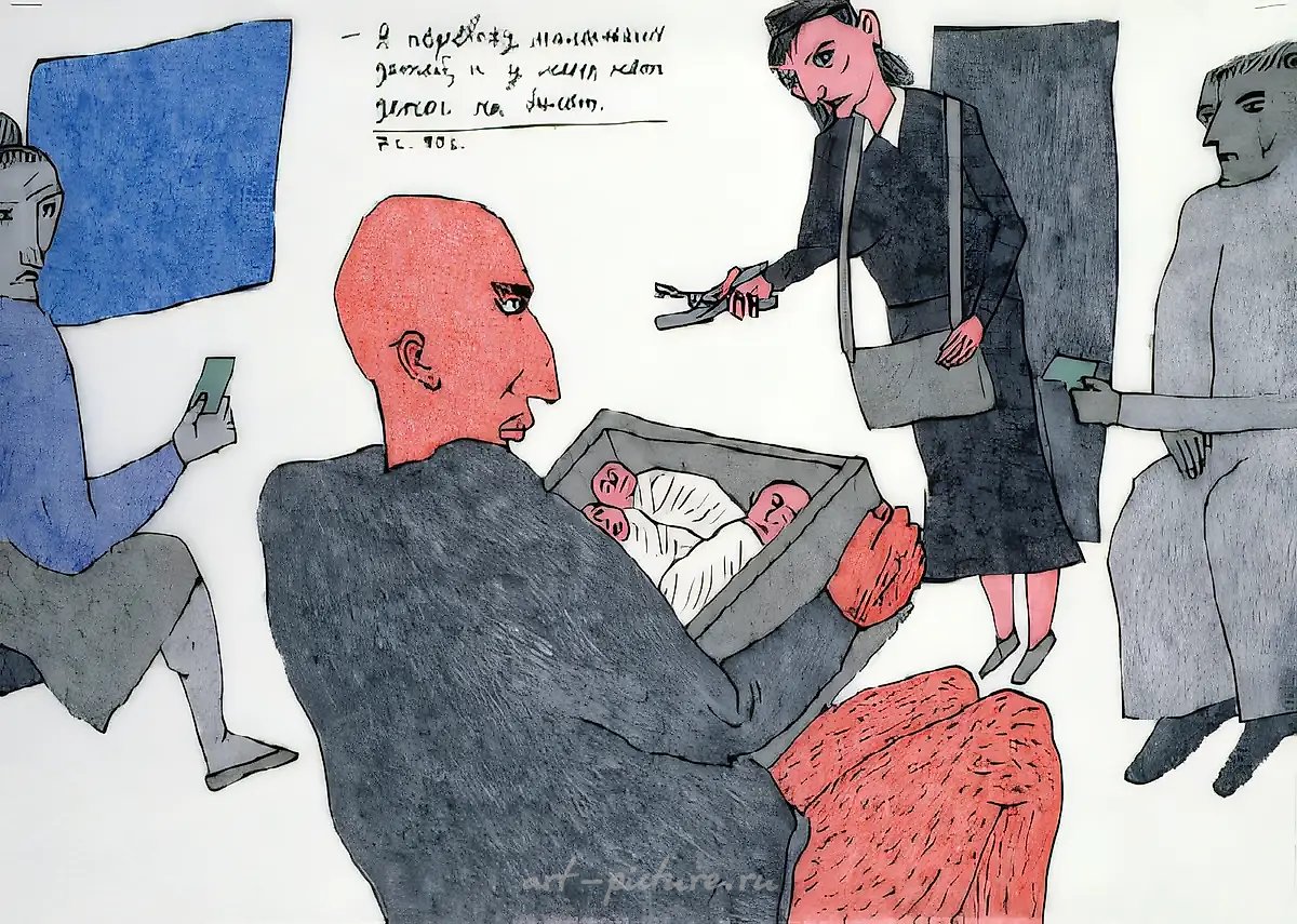 Я перевожу маленьких детей и у меня нету денег на билет, 1990, Калька, тушь, фломастер, 31х42 см Собственность автора