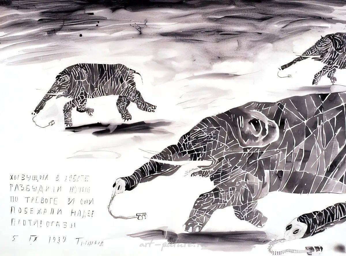 Из серии "Живущие в  хоботе", 1989, Бумага, тушь, 75х100 см Mary and Leigh Block Gallery; North-Western University Museum of Art, Иллинойс, США