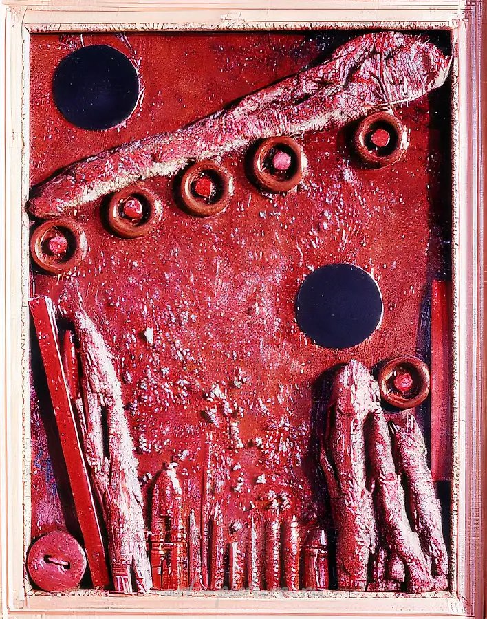 Чёрные круги, 1994, дерево, масло, коллаж, 80x60 см. Собственность автора