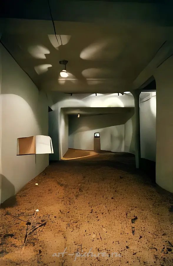 Шестидесятые, еще раз про любовь (совместно с Е. Андреевой), 1993, инсталляция: опилки, телевизор, видеопроектор, этажерка, две пары обуви.