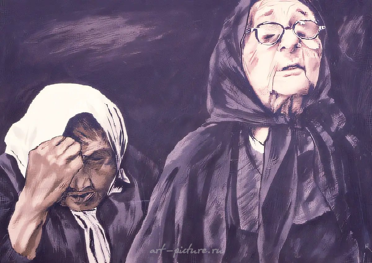Две бабушки в церкви, 1990, Картон, акрил, 70х120 см Собственность автора