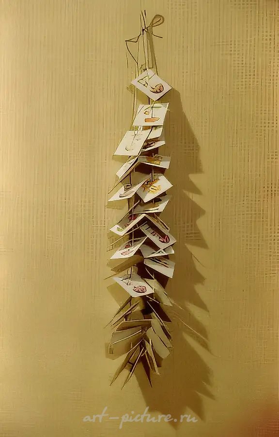 Сухие грибы, 1994, Бумага, шнур, офсетная печать, гвоздь, 50х12х6 см Собственность автора